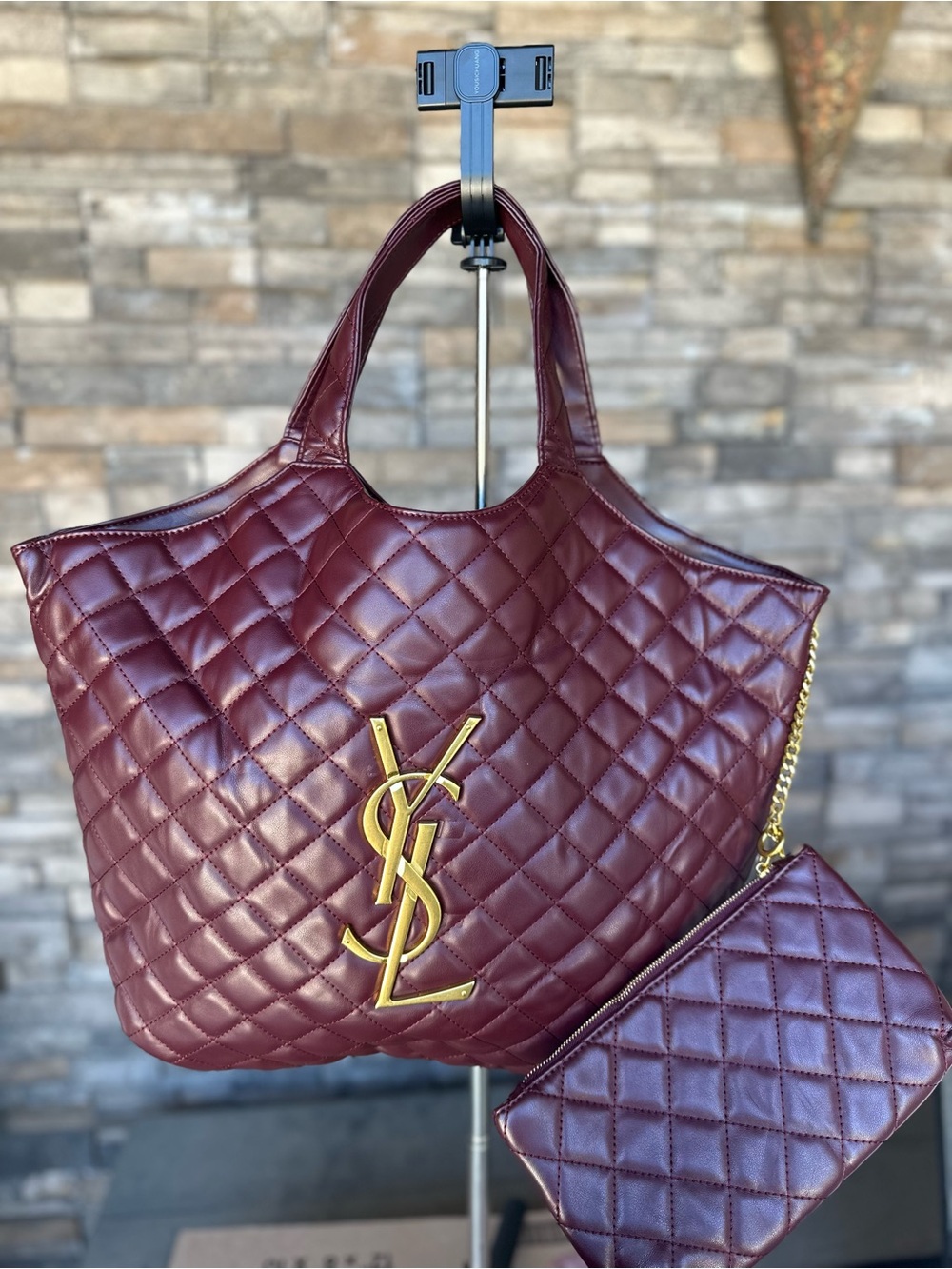 Y Copy Quilted PU Leather Tote in Burgundy with Gold Hardware